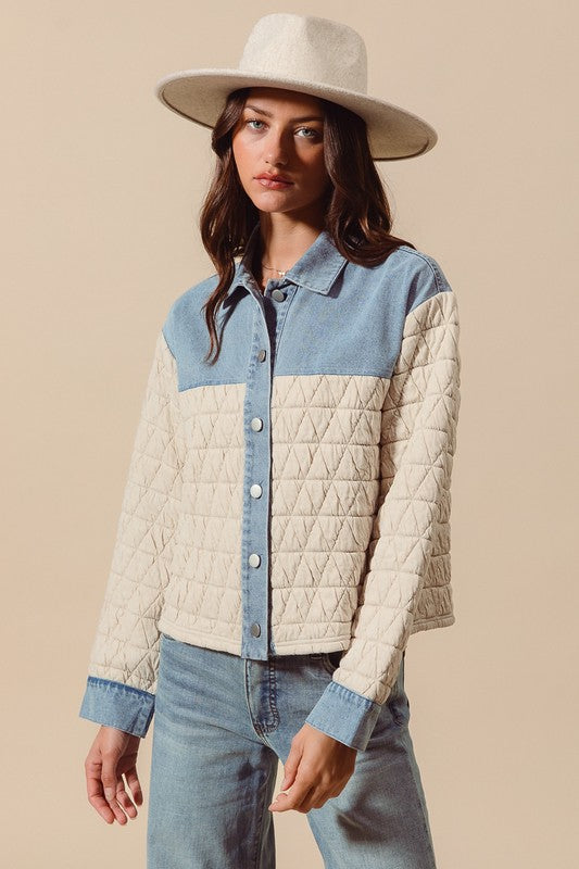 Denim/Oatmeal Triangle Quilted Button Up Jacket