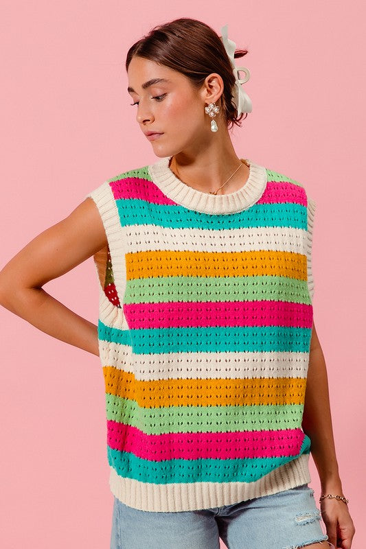 Cream Multi Colored Stripe Sweater Vest