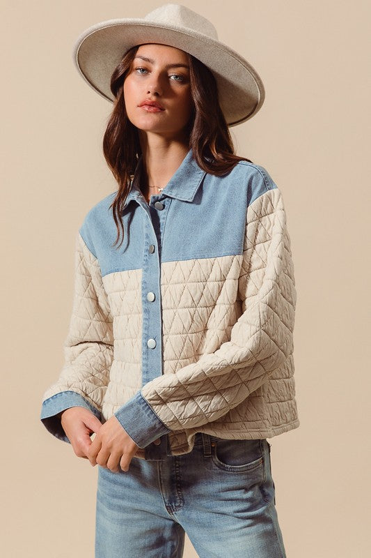 Denim/Oatmeal Triangle Quilted Button Up Jacket