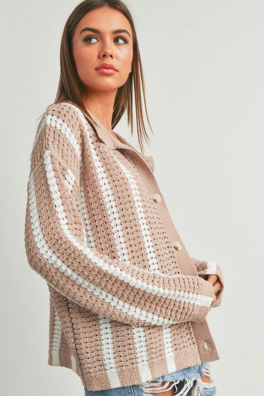 Taupe/Ivory Striped Button Up Oversized Chenille Cardigan