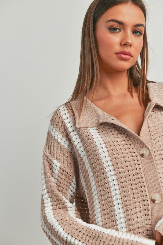 Taupe/Ivory Striped Button Up Oversized Chenille Cardigan