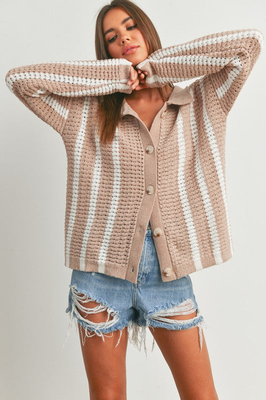 Taupe/Ivory Striped Button Up Oversized Chenille Cardigan