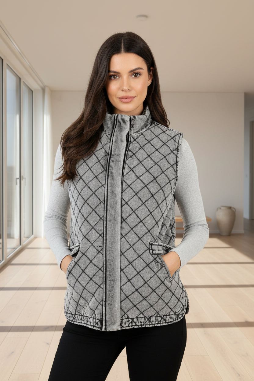 Gray Acid Washed Quilted Zip Up Vest