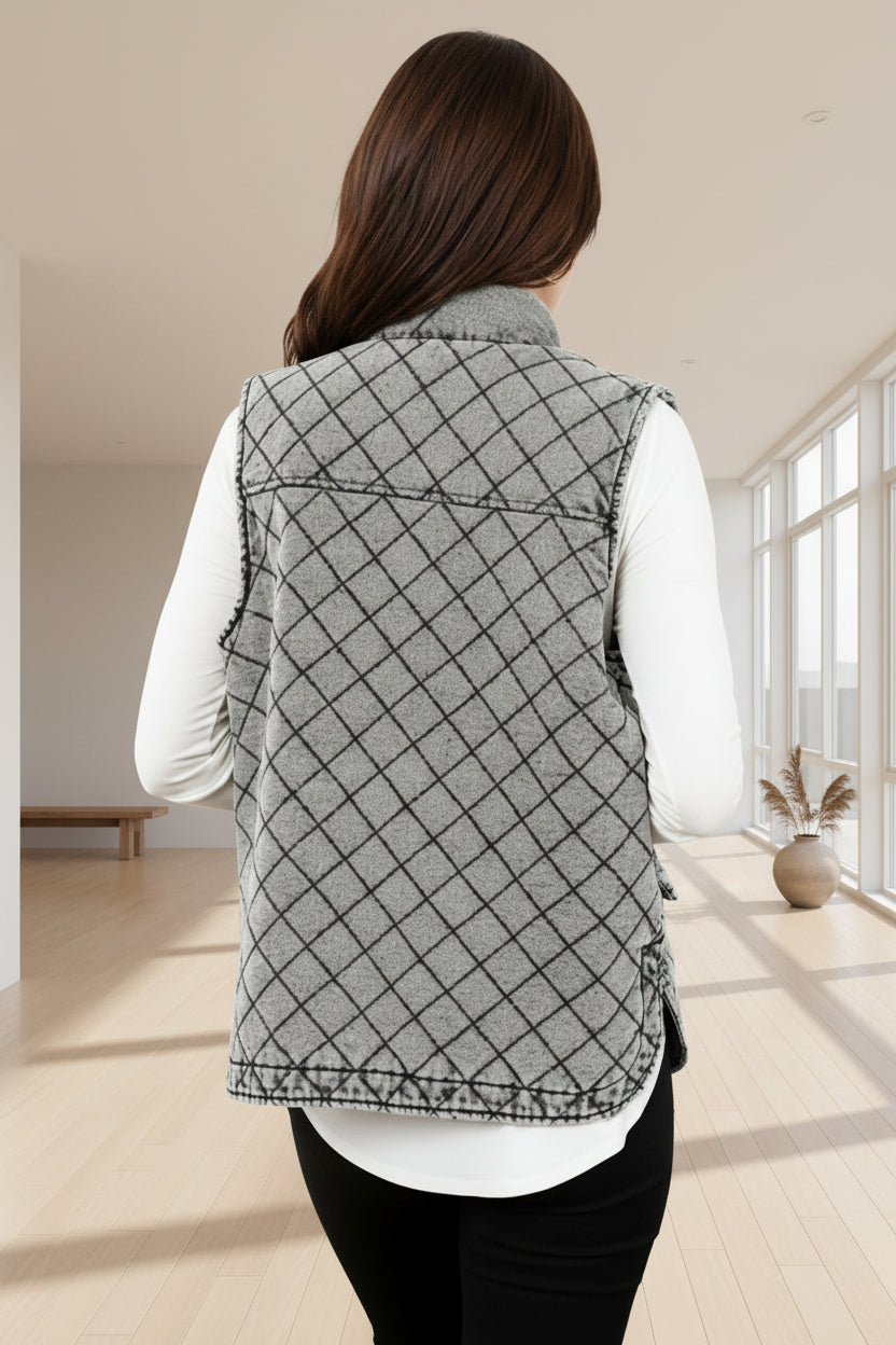 Gray Acid Washed Quilted Zip Up Vest