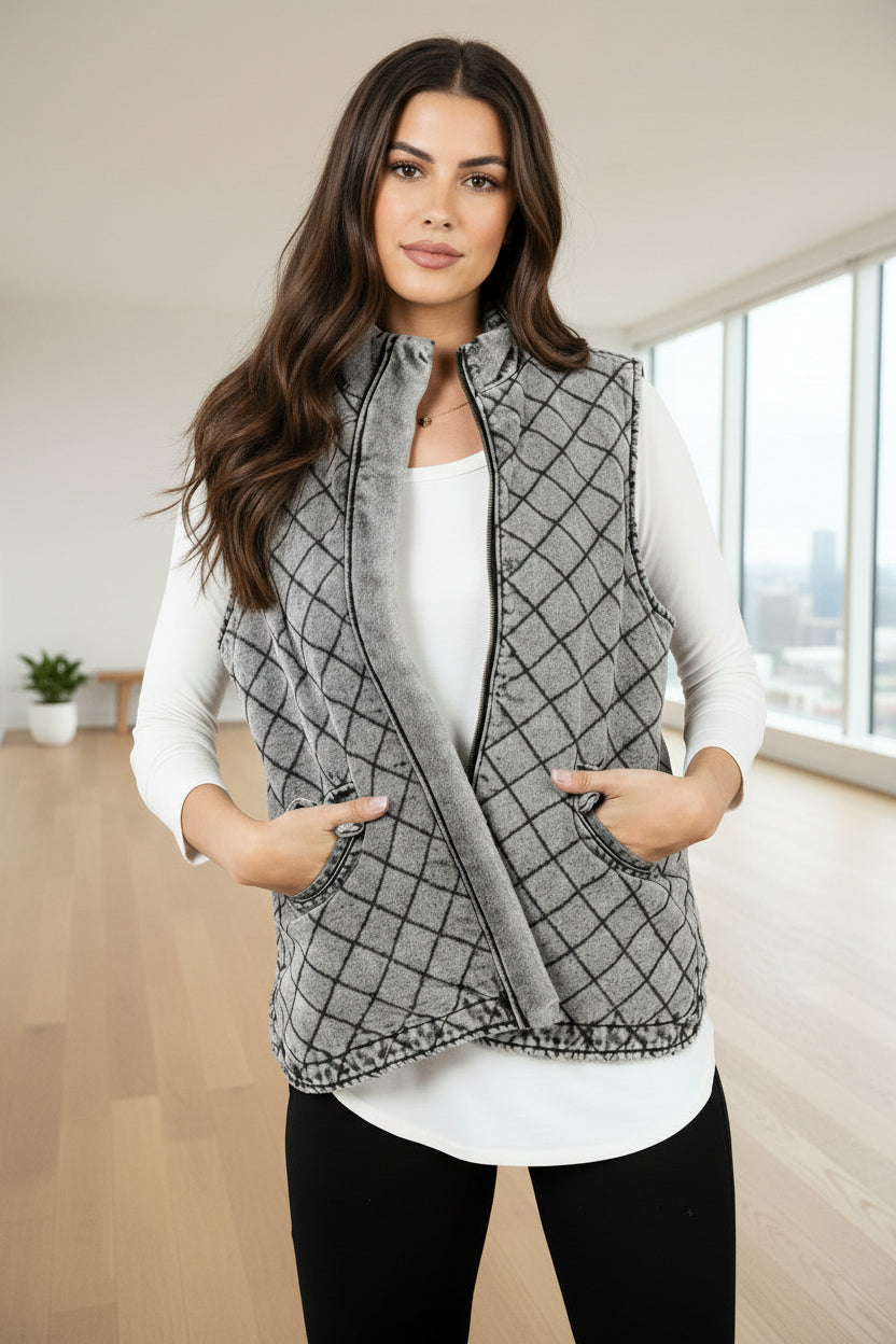 Gray Acid Washed Quilted Zip Up Vest