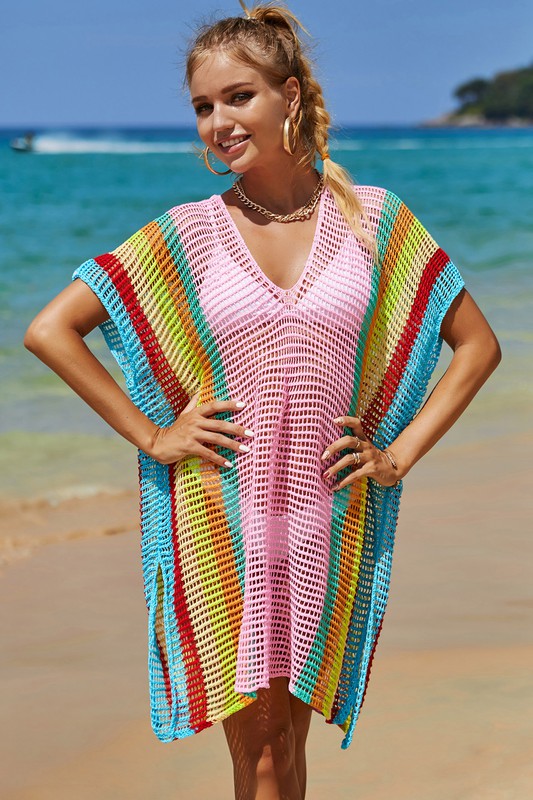 Rainbow Striped Crochet Swimsuit Cover Up