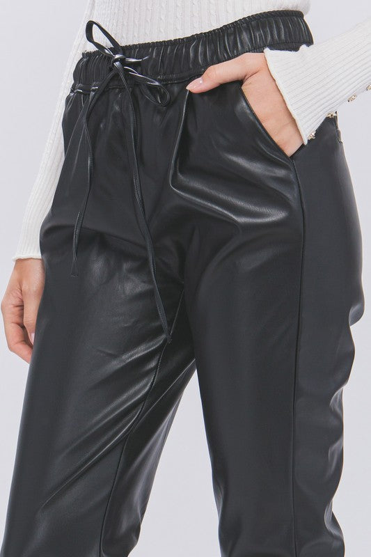 Black Faux Leather Jogger Pants