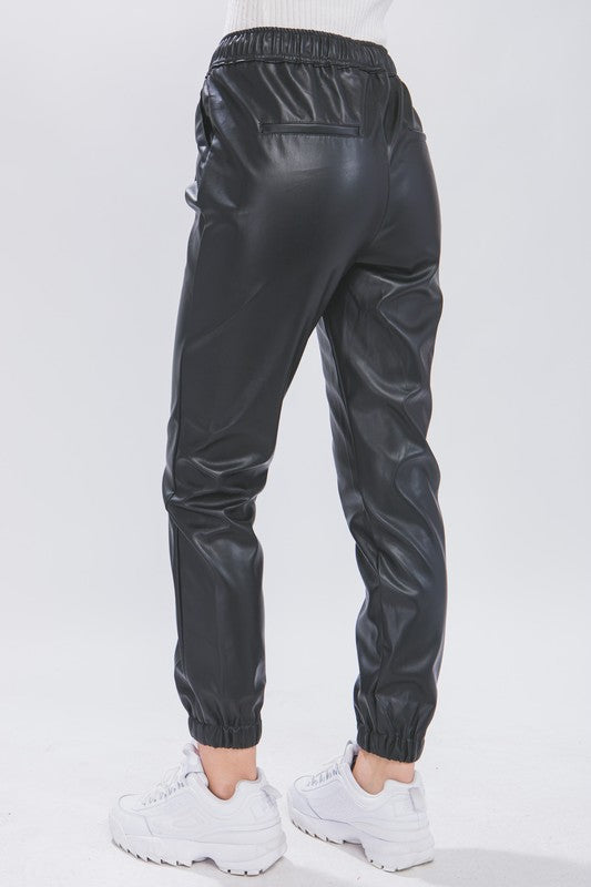 Black Faux Leather Jogger Pants
