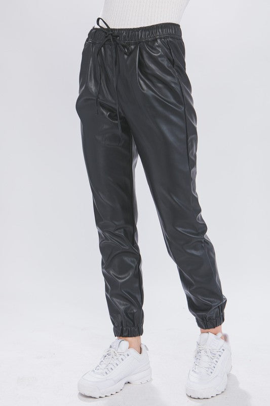 Black Faux Leather Jogger Pants