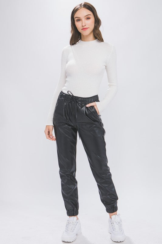 Black Faux Leather Jogger Pants