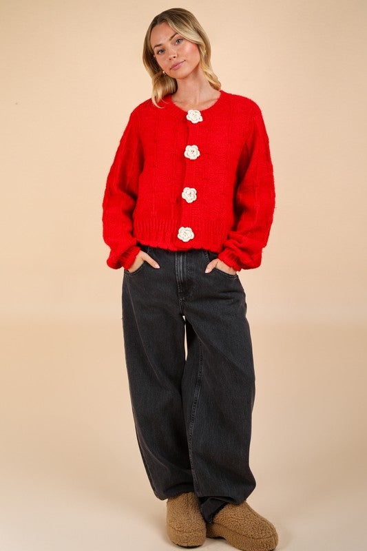 Floral Button Cropped Knit Cardigan