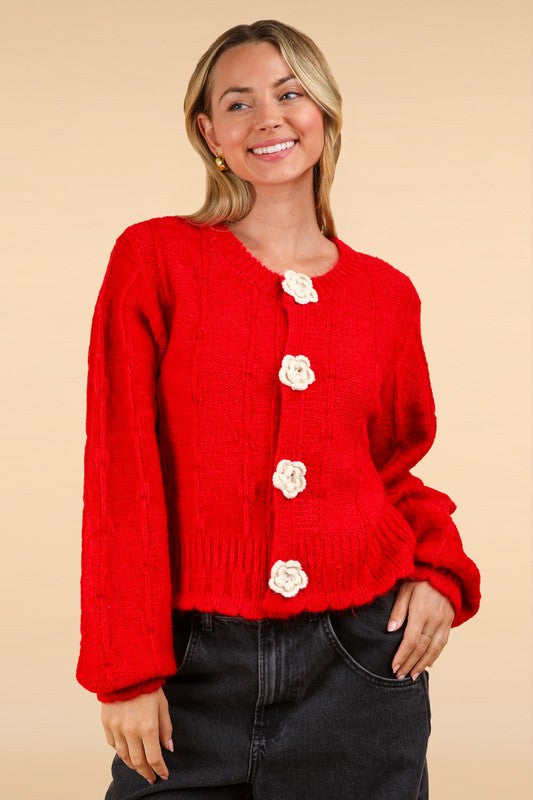 Floral Button Cropped Knit Cardigan