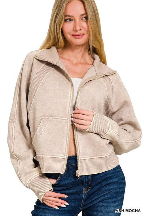 Ash Mocha Acid Wash Zip Up Fleece Jacket