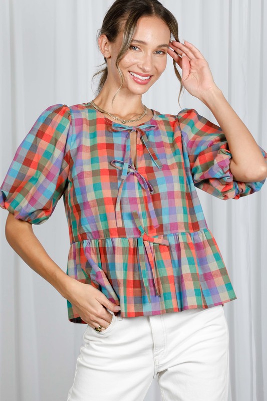 Rainbow Gingham Peplum Top