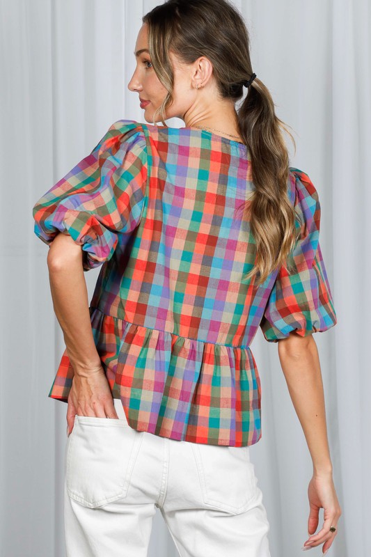 Rainbow Gingham Peplum Top