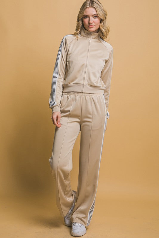 Cream Retro Wide Leg Track Suit With Side Stripes