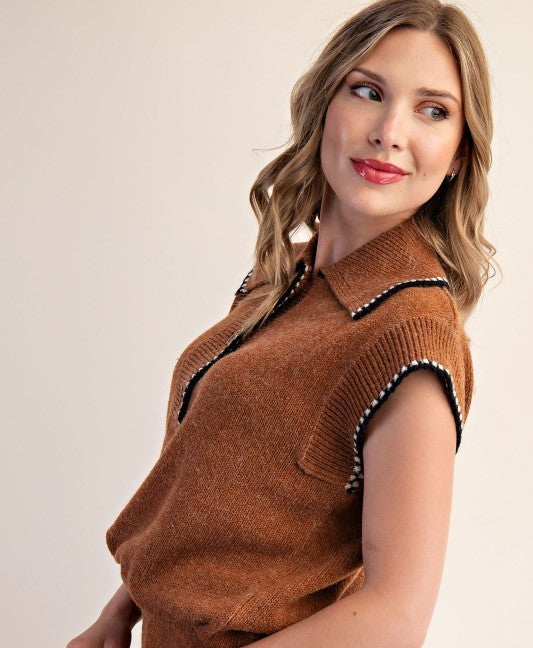 Camel Collard Short Sleeve Sweater