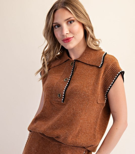 Camel Collard Short Sleeve Sweater