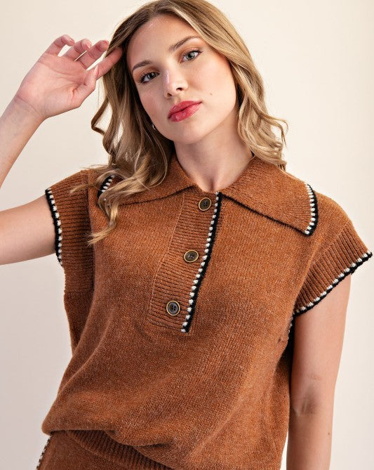 Camel Collard Short Sleeve Sweater