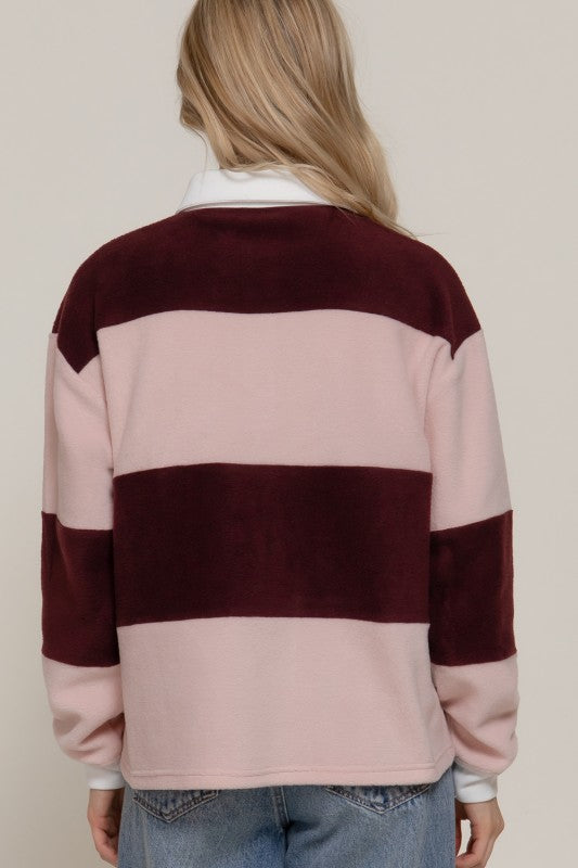 Pink/Wine Rugby Striped Fleece Polo Top