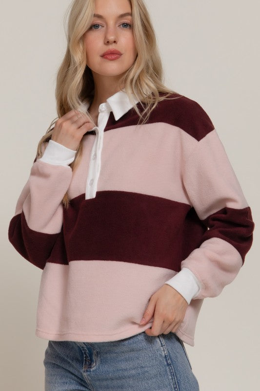 Pink/Wine Rugby Striped Fleece Polo Top