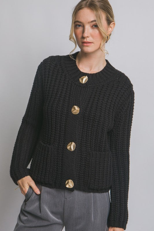 Onyx Knit Gold Button Up Cardigan