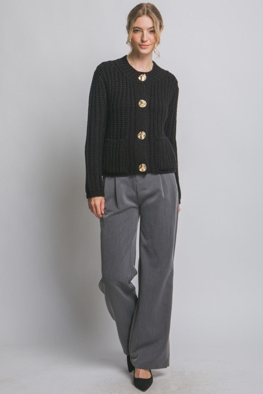 Onyx Knit Gold Button Up Cardigan
