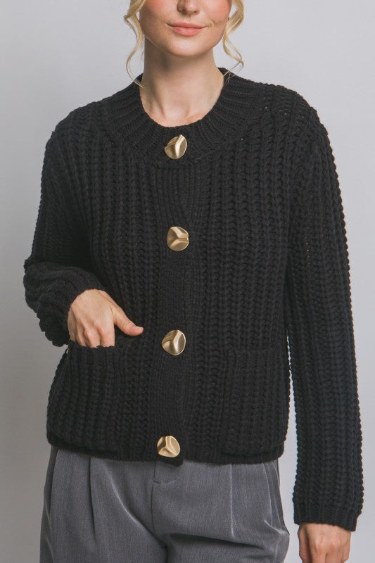 Onyx Knit Gold Button Up Cardigan