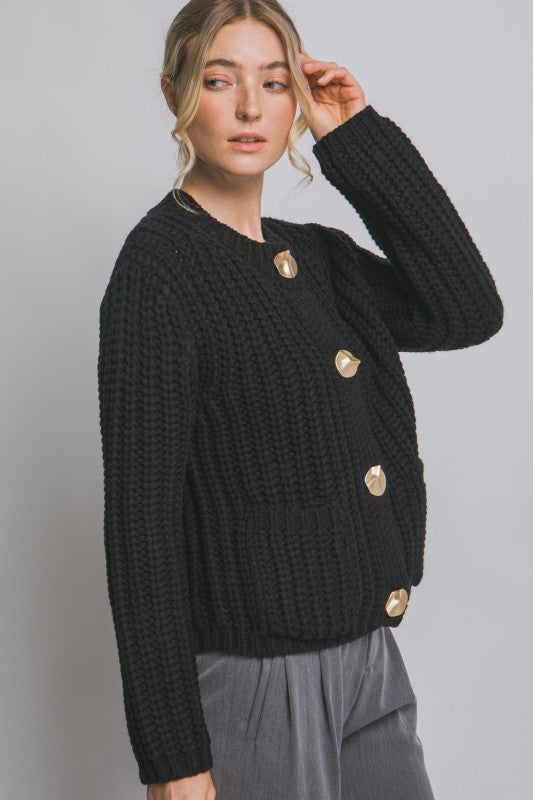 Onyx Knit Gold Button Up Cardigan