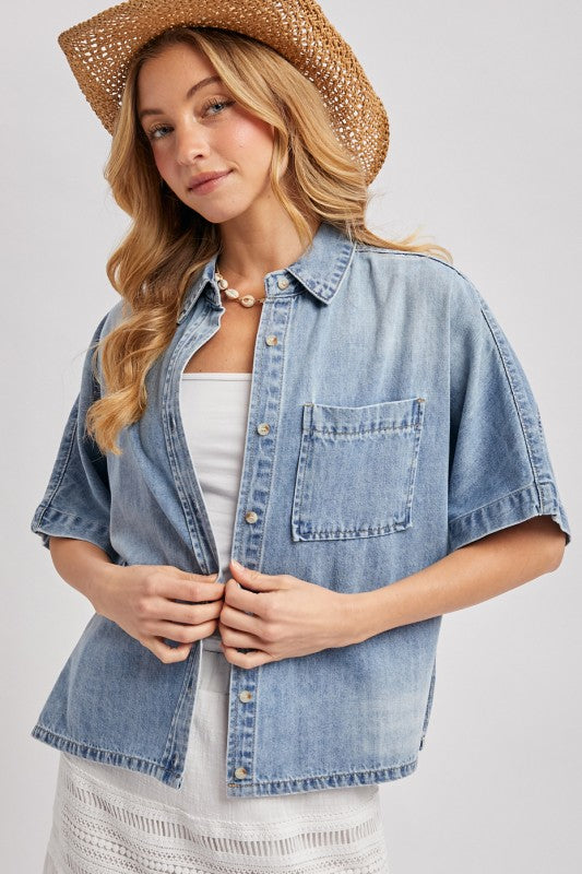 Foxy Boxy Denim Cropped Button Up