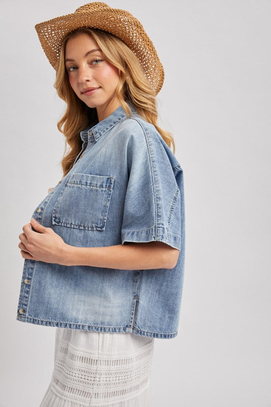 Foxy Boxy Denim Cropped Button Up