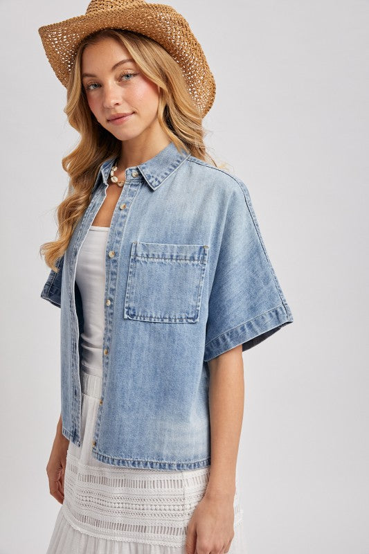Foxy Boxy Denim Cropped Button Up