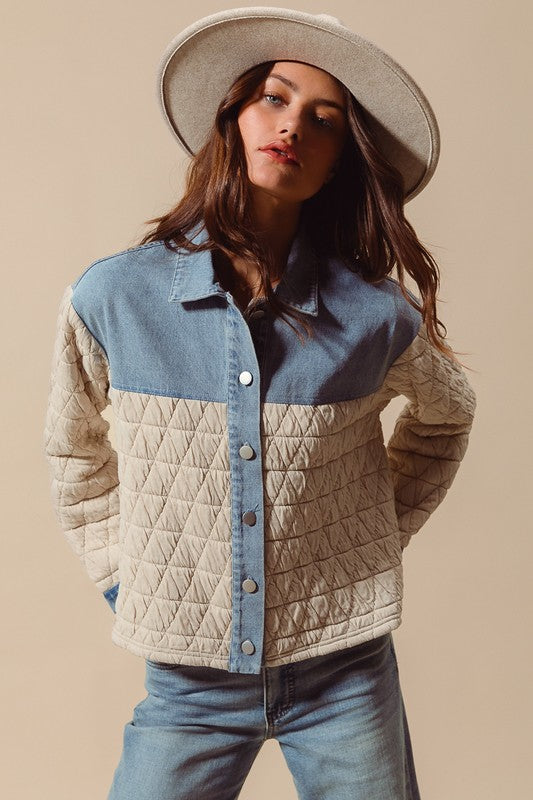 Denim/Oatmeal Triangle Quilted Button Up Jacket
