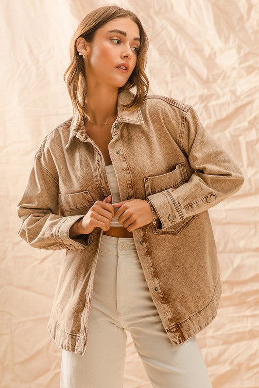 Vintage Taupe Washed Button Down Shacket