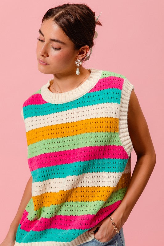 Cream Multi Colored Stripe Sweater Vest