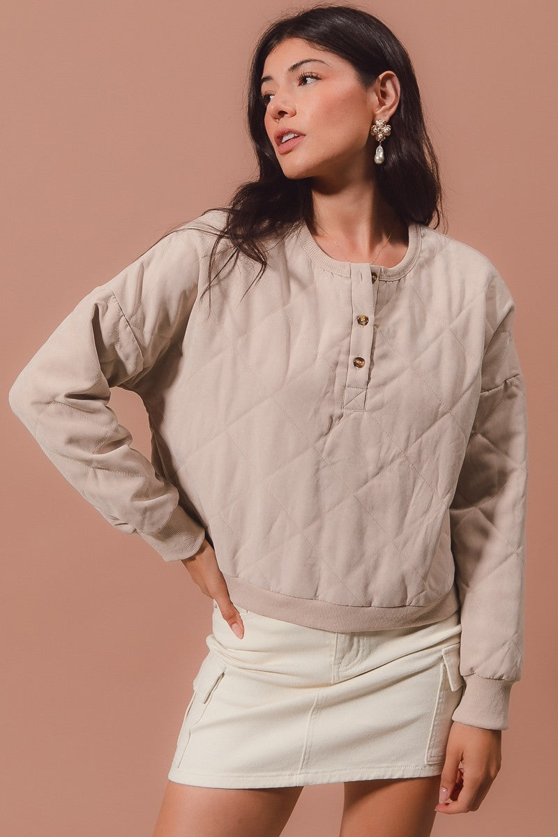 Taupe Washed Quilted Pullover Top w/Button