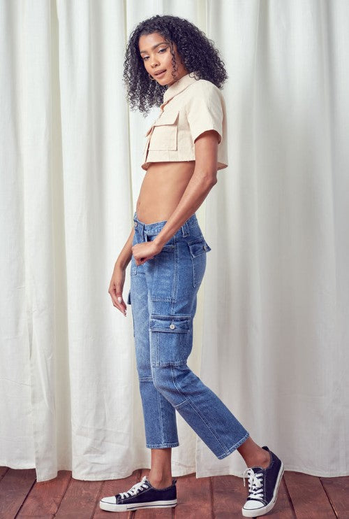 KanCan High Rise Slim Straight Leg Cargo Jeans
