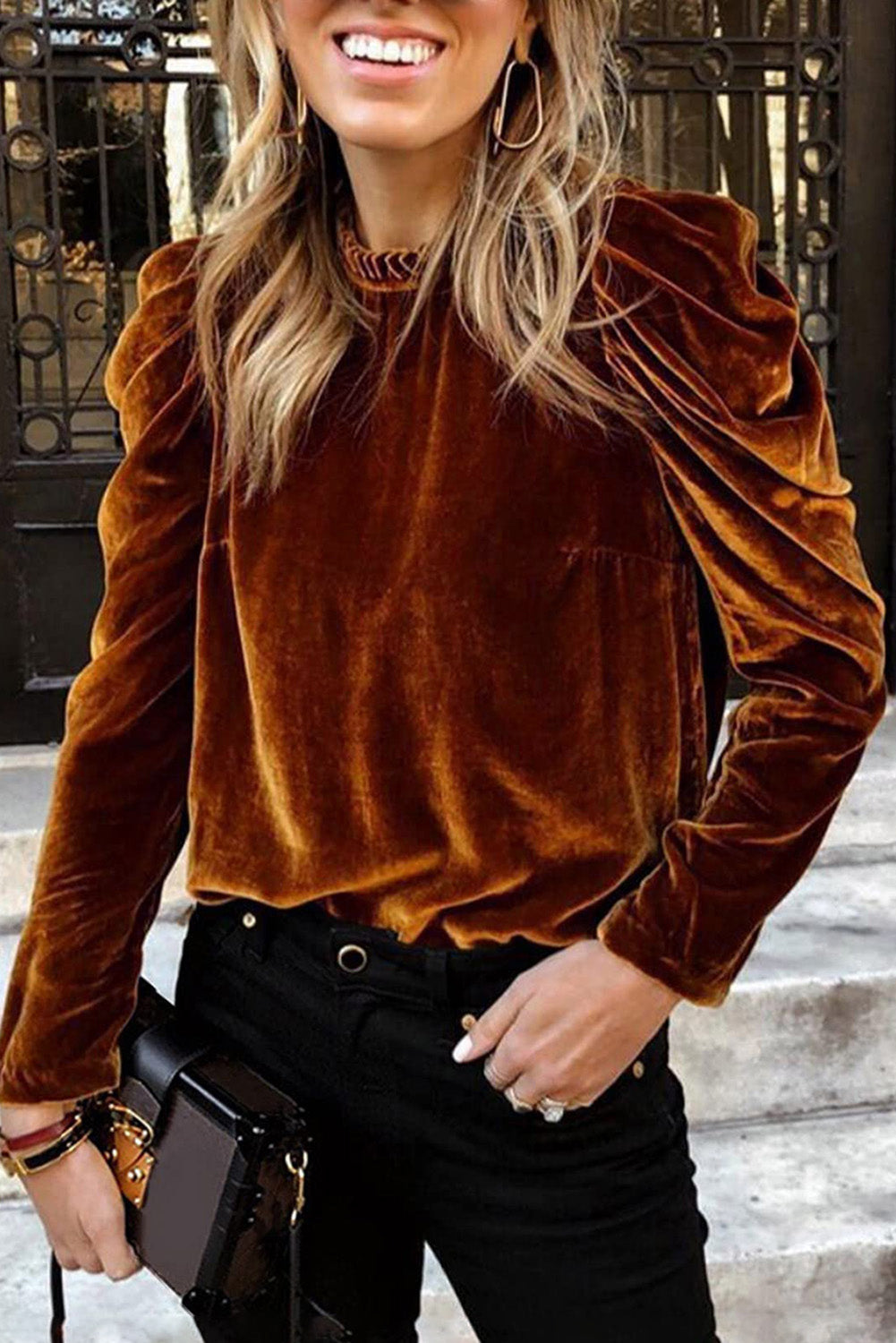 Chestnut Velvet Puff Sleeve Top
