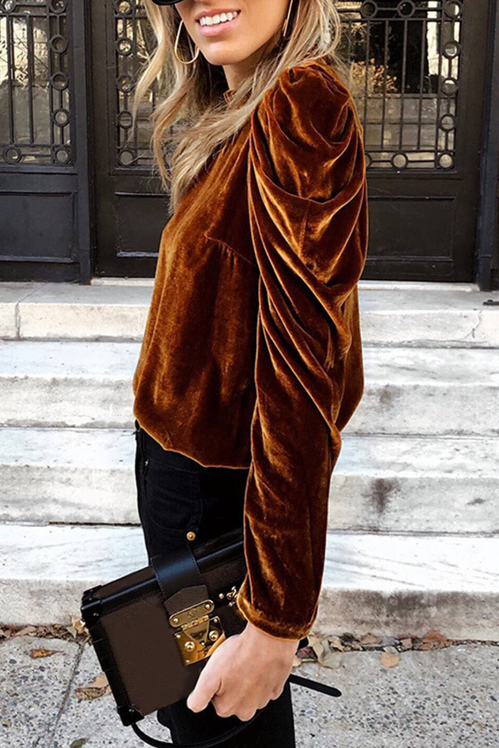 Chestnut Velvet Puff Sleeve Top