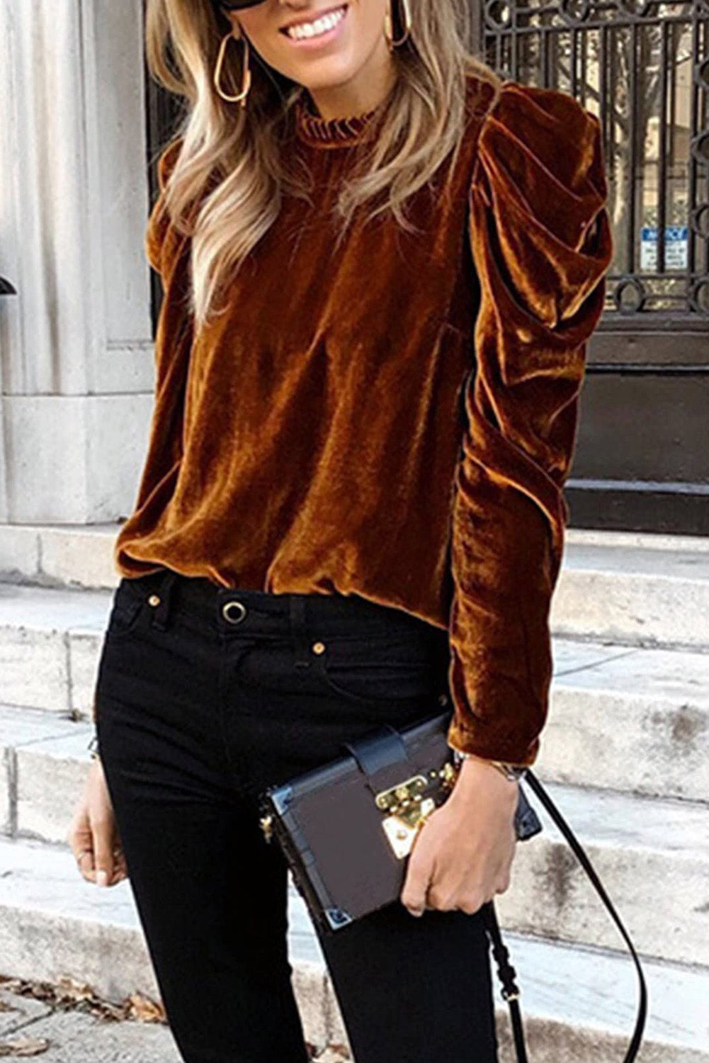 Chestnut Velvet Puff Sleeve Top
