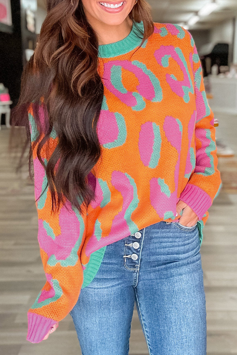 Orange Leopard Color block Sweater