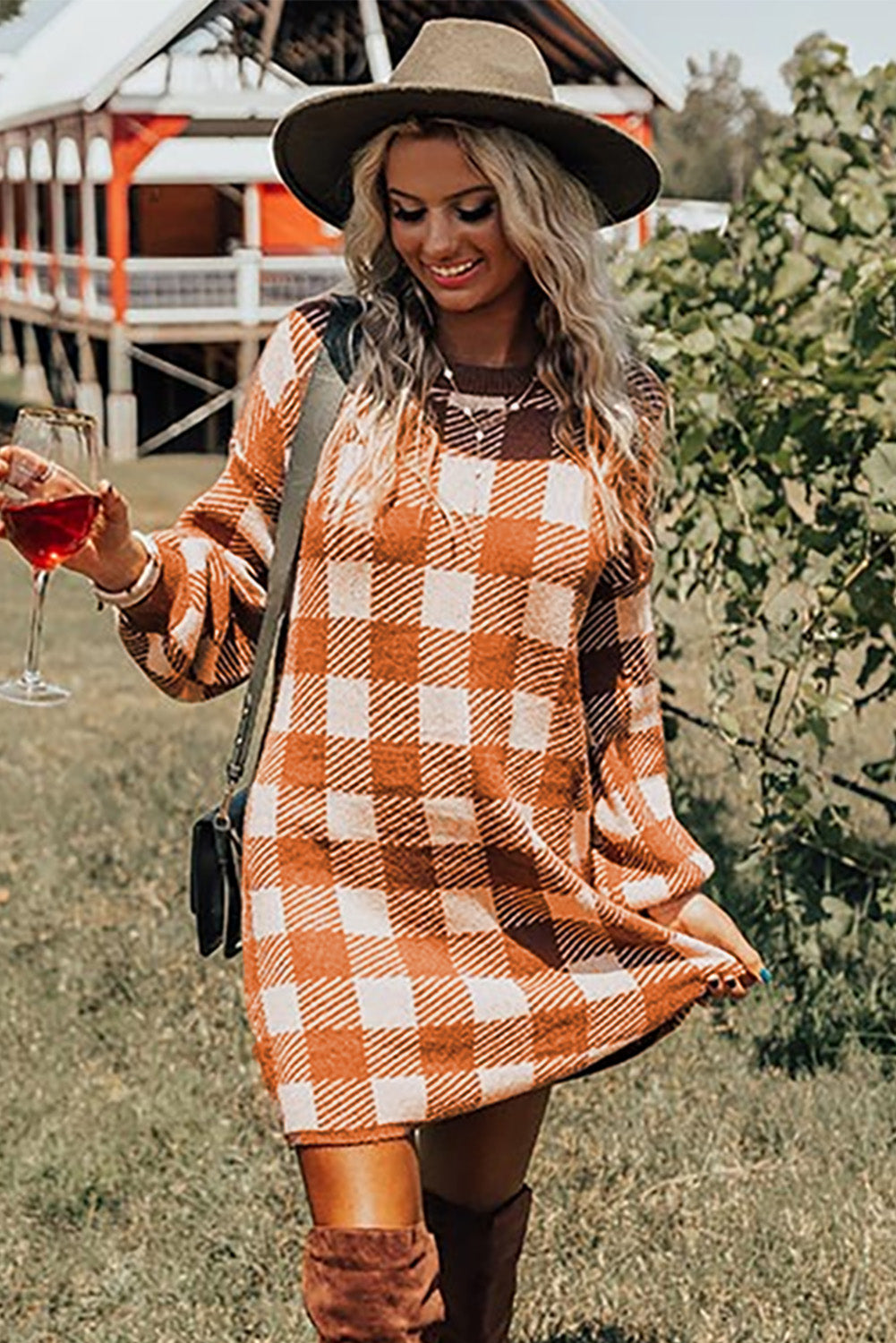 Pumpkin Plaid Sweater Dress