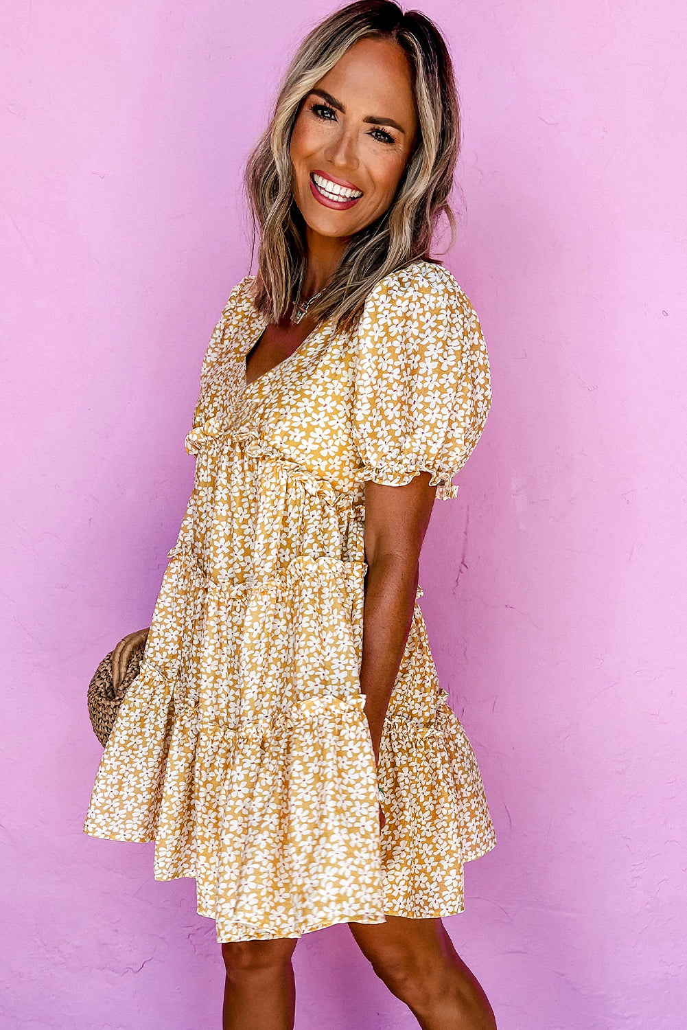 Honey Floral V Neck Frilly Tiered Mini Dress