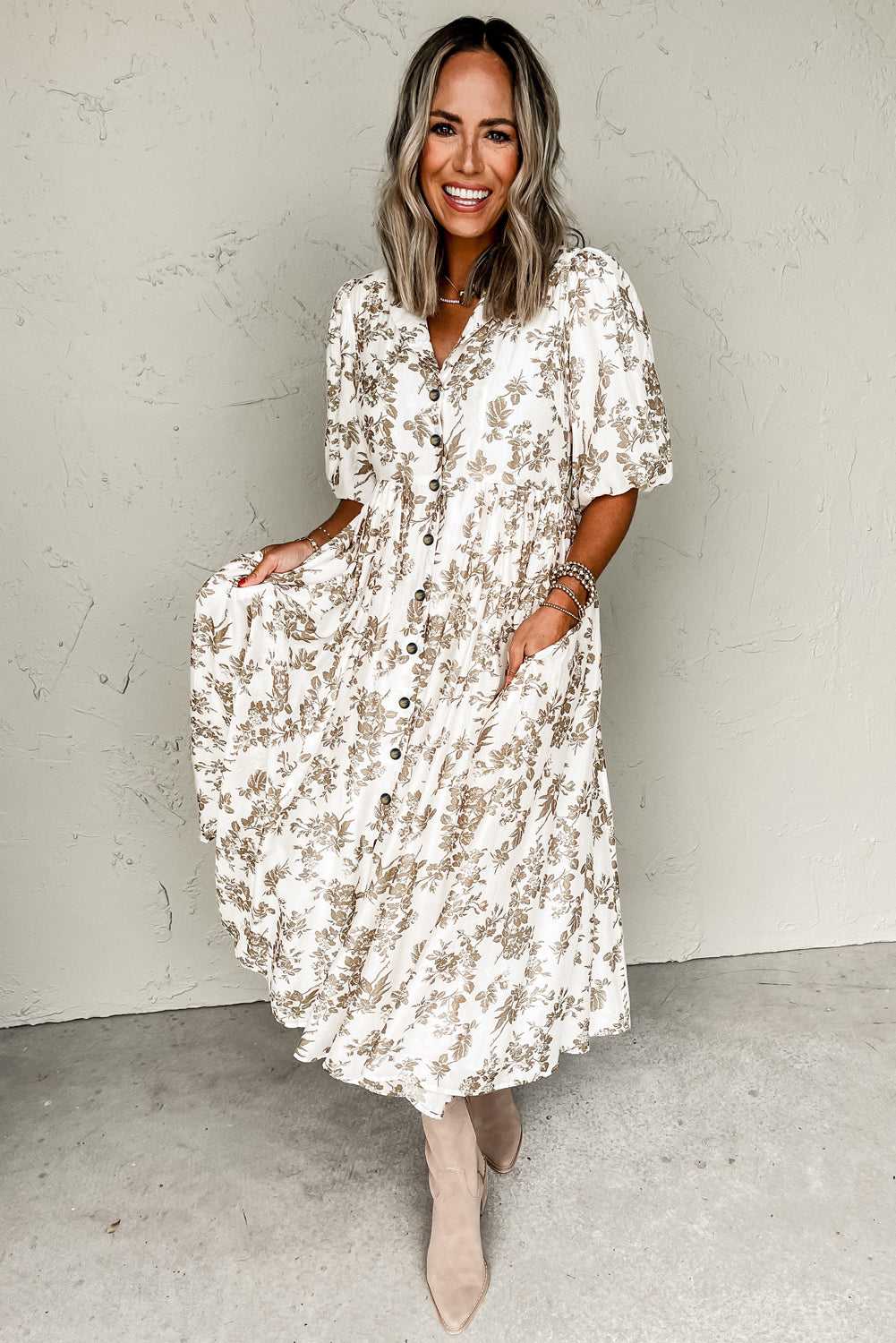 Khaki Floral Puff Sleeve Buttoned Front Maxi Dress