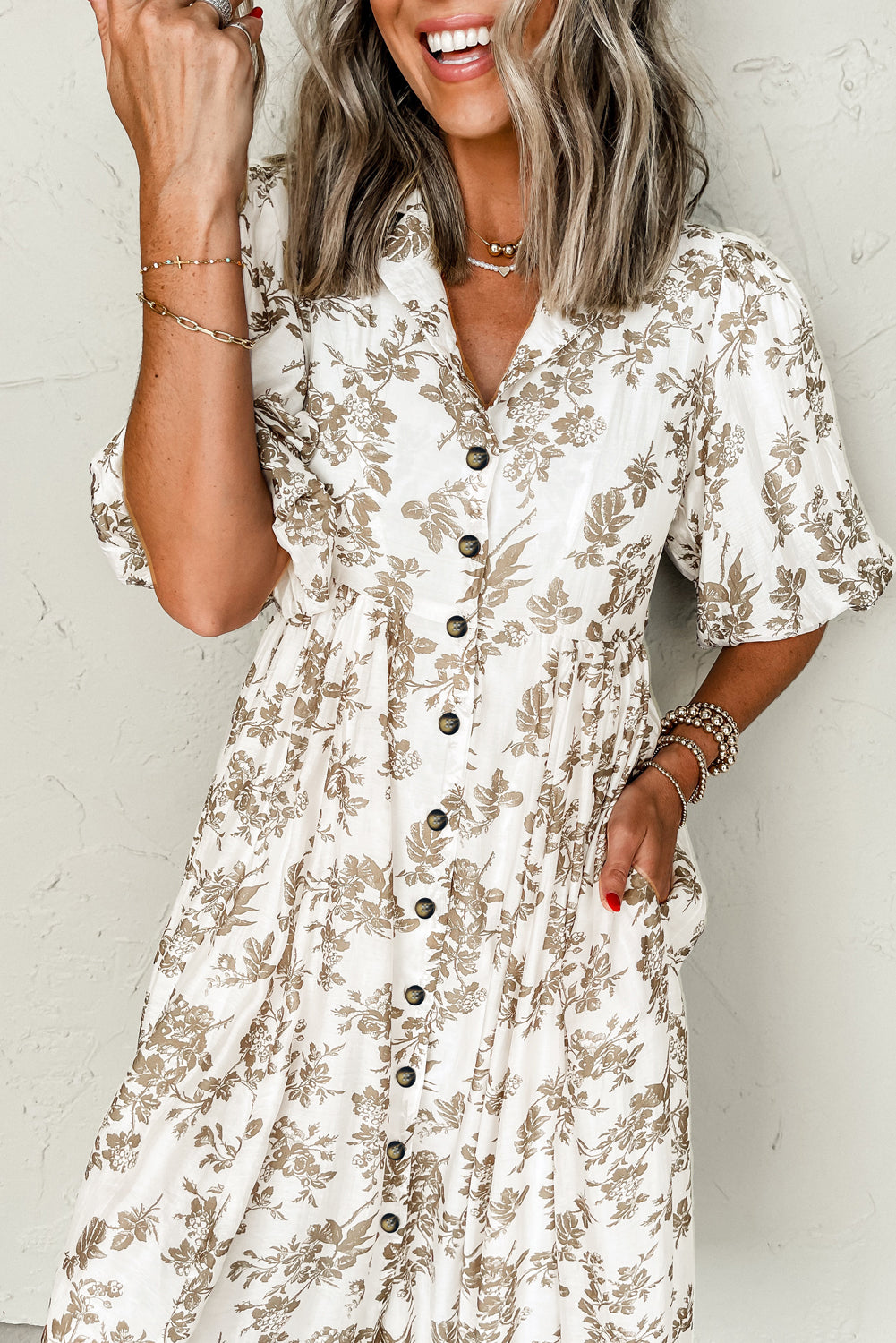 Khaki Floral Puff Sleeve Buttoned Front Maxi Dress