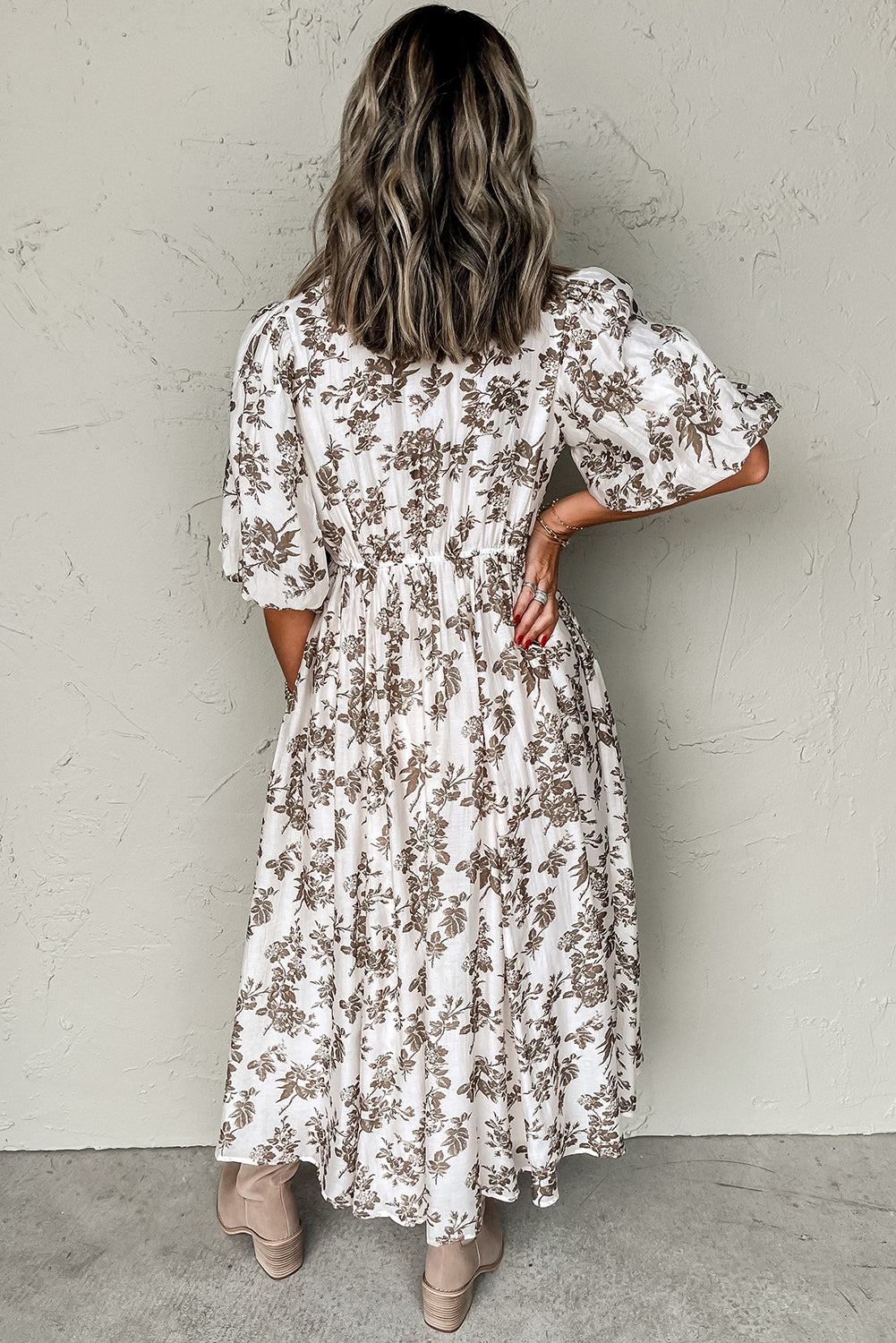 Khaki Floral Puff Sleeve Buttoned Front Maxi Dress