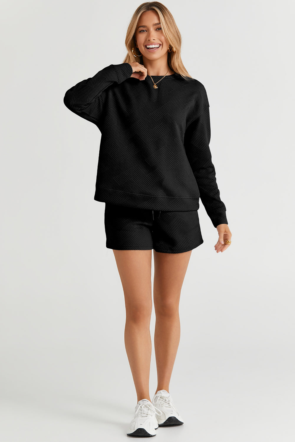 Textured Long Sleeve Drawstring Shorts Set