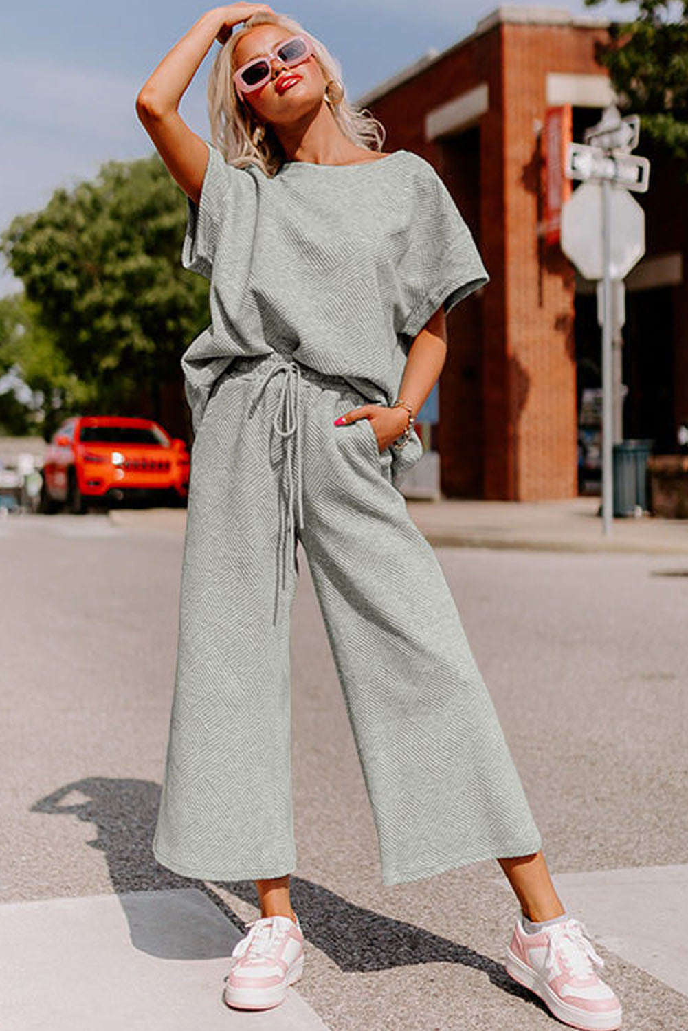 Gray Textured Drawstring Pants Set