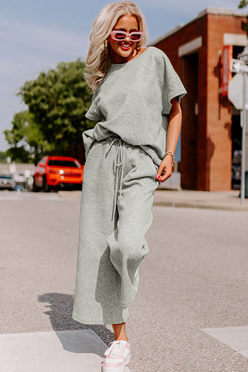 Gray Textured Drawstring Pants Set