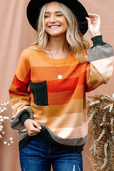 Fall Striped Sweater w/Black Pocket